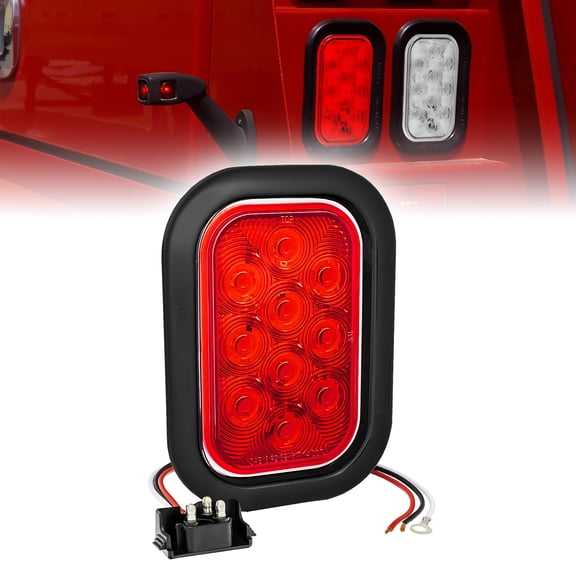 Red 5" x 3" Rectangular LED Trailer Tail Light Kit [DOT FMVSS 108] [SAE I6 P2 S2 (3)T] [Grommets & Plugs] [Submersible] [Stop Turn Tail Brake] [10 LED] Brake Lights for Tow Truck 80 Inch Wide Trailer