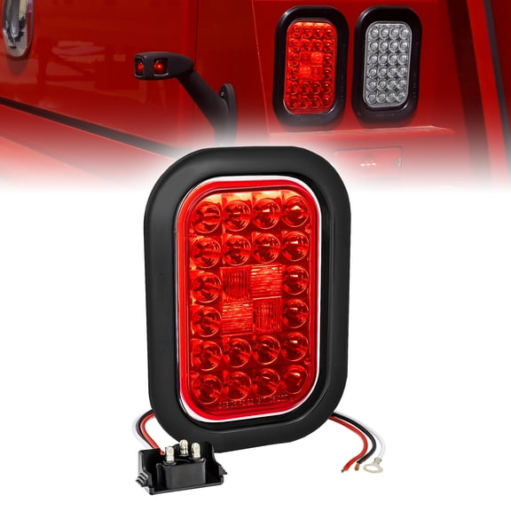 Red 5" x 3" Rectangular LED Trailer Tail Light Kit [DOT FMVSS 108] [SAE I6 P2 S2 (3)T] [Grommets & Plugs] [Submersible] [Stop Turn Tail Brake] [24 LED] Brake Lights for Tow Truck 80 Inch Wide Trailer