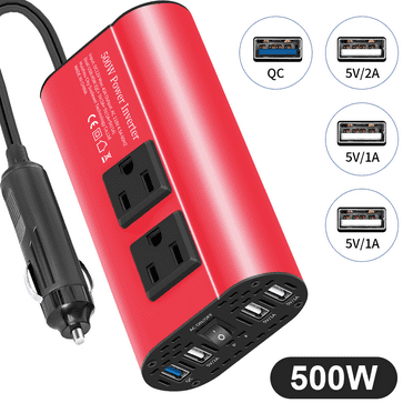 Red 500W Power Inverter - 12V DC to 110V AC Modified Sine Wave Car Inverter with Cigarette Lighter Plug & USB Port