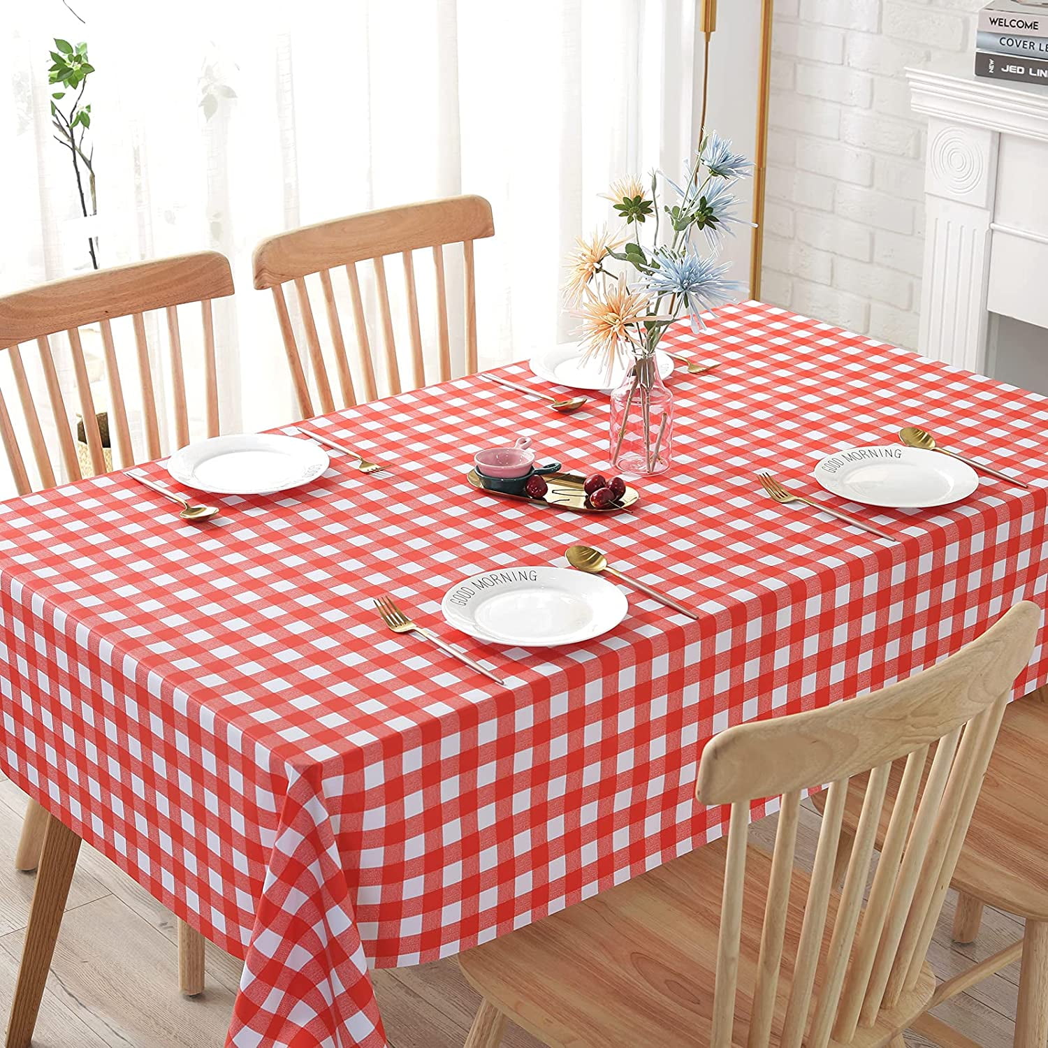 Red 55x78Inch Waterproof PVC Tablecloth Oil & SpillProof Table Cover