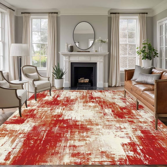 Red 5x7 Rug for Living Room Sofa and Coffee Table Layout, Modern Abstract Gradient Red Geometric Texture Washable Non Slip Rectangle Area Rug