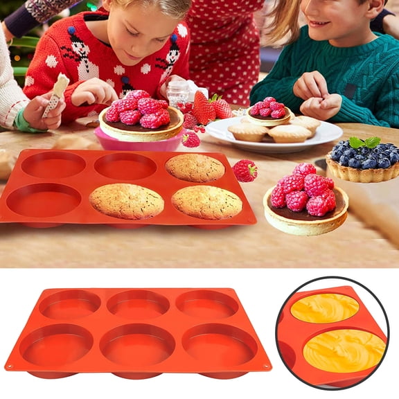 Red 6 Cavity Round Silicone Baking Mold, Non-Stick Food Grade Disc Pan for Cake, Cookie, Soap & Resin DIY Crafts