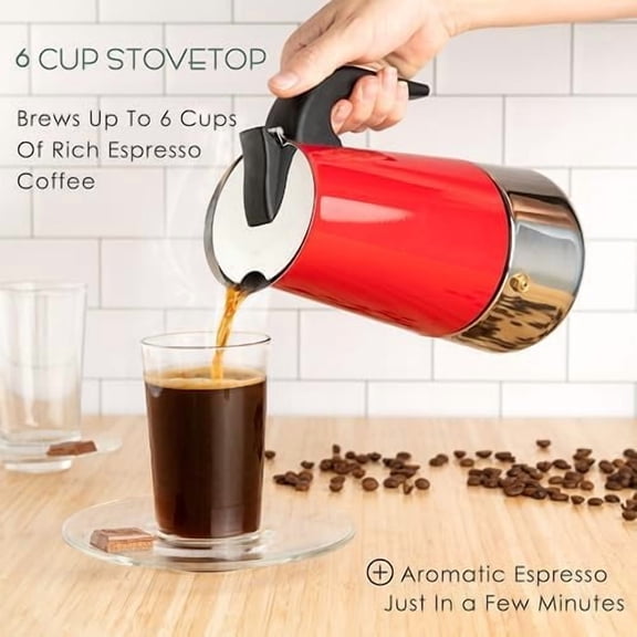 Red 6 Cup Greca Stovetop Espresso Pot 300ml/10oz, Moka Pot with Coffee Percolator Design, Stainless Steel Stove Top Coffee Maker for Camping or Home Use,Italian Stovetop Espresso Maker