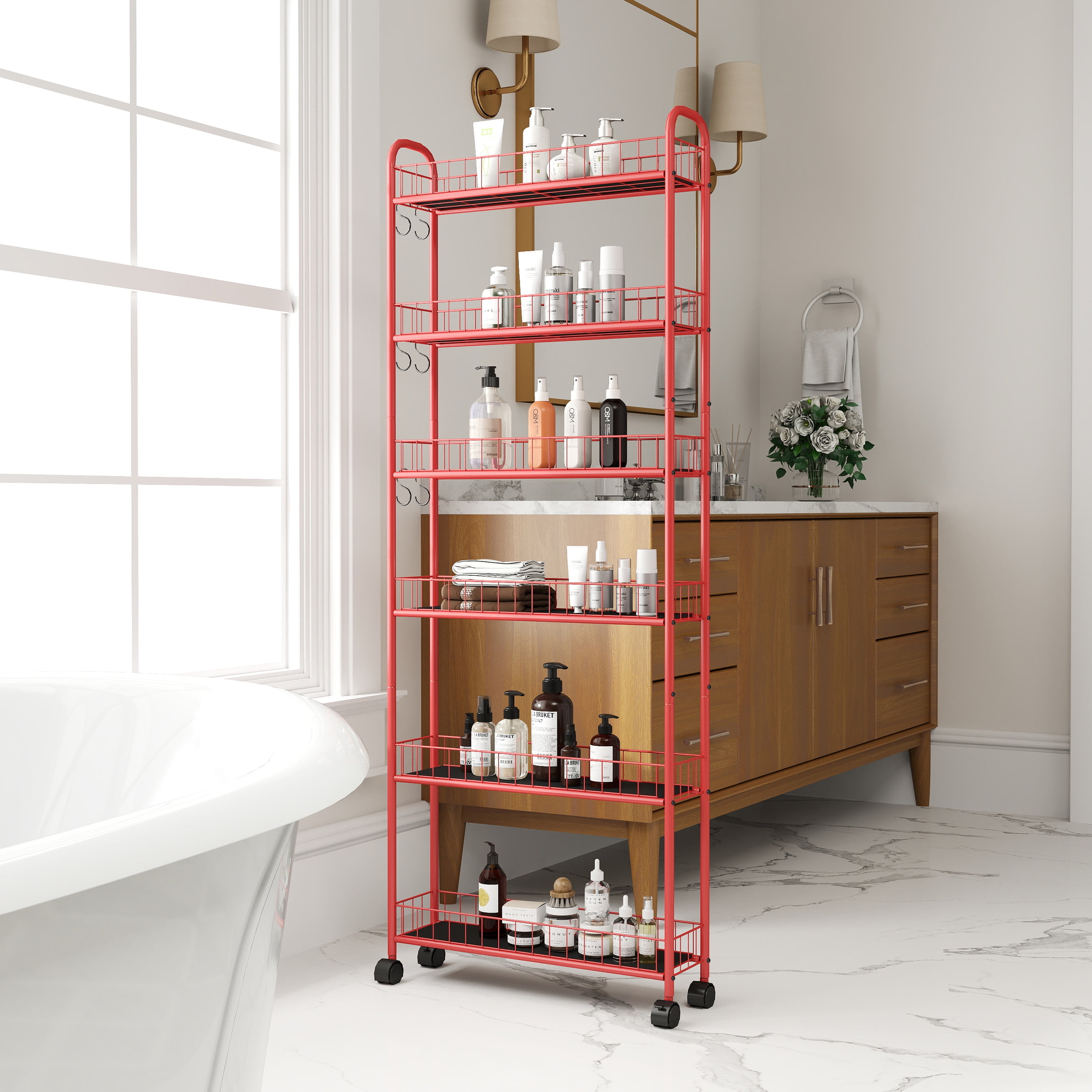 Red 6Tier Rolling Cart Gap Kitchen Slim Slide Out Storage Tower Rack