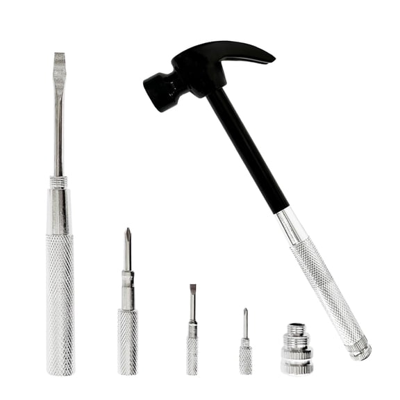 Red 6 in 1 Multitool Mini Hammer & Screwdriver Set - Camping Hand Tools with Metal Hammer Head