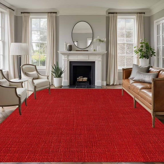 Red 6x9 Area Rugs, Farmhouse Burlap Solid Red Color Modern Linen Texture Non-Skid Rubber Backing Large Rectangle Rugs - Living Room Bedroom Home Office, Indoor Floor Mat Carpets Washable Rug