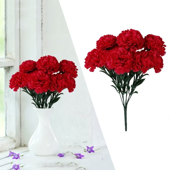 Red 7 Heads Artificial Carnation Flowers, Plastic Bouquet with Stems, Simulation Plant for Mothers Day, Wedding Centerpieces, Home Vase Decor, indoor Table Arrangement, Long-Lasting