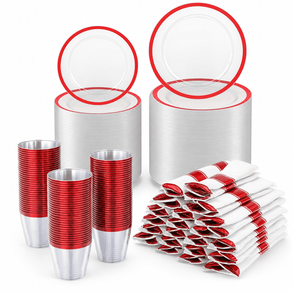 Ruby Ware Warehouse Red 700 Piece Plastic Dinnerware Set for 100 Guests, Disposable Party ...