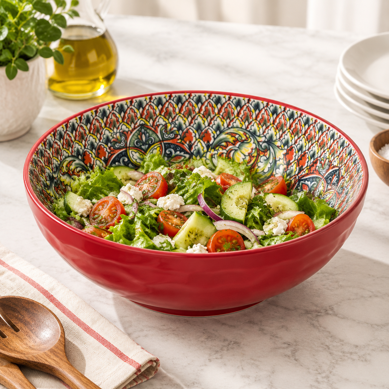 Red 75 Oz Porcelain Bohemian Style Large Serving For Entertaining ...