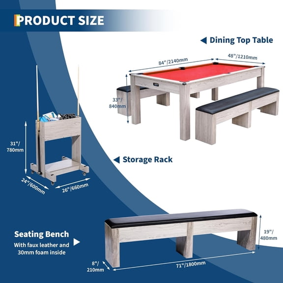 Red,7FT 3-in-1 Pool Table with Dining Top & Table Tennis | Billiard Table Set with Accessories (Balls, Cues, Ping Pong) | HDF Wood Grain Finish | Includes Rolling Storage Caddy