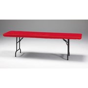 Red 8' Banquet Stay Put Elastic Fitted Plastic Tablecloth