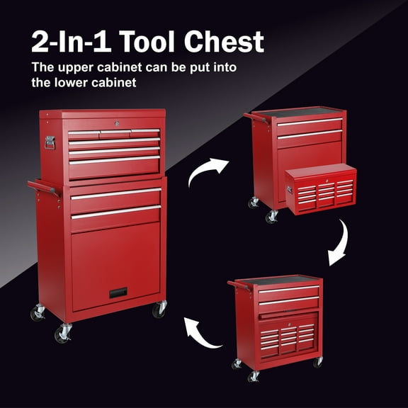 Red 8-Drawer Rolling Tool Chest with Detachable Top Toolbox, Durable Steel Tool Cart with Lockable Wheels & Side Hooks for Garage Workshop