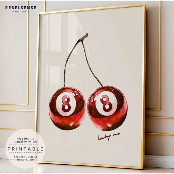 Red 8 Pool Ball Print, Retro Cherries Wall Art, Dopamine Decor, Preppy Wall Art, Cherry Print, Lucky Me Poster, Funky Wall Art, 70S Poster Wall Art, Modern Wall Decor, 8x12 UNFRAMED