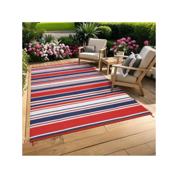 Red 8x10ft (244x305cm) Outdoor Striped Rug, Waterproof Reversible Plastic Mat For Patio Deck Balcony