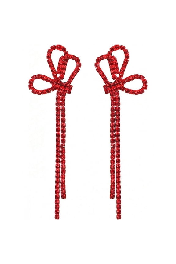 Red-A Bow Earrings For Women Rhinestone Long Tassel Drop Earrings Sparkly Ribbon Bow Dangle Jewelry