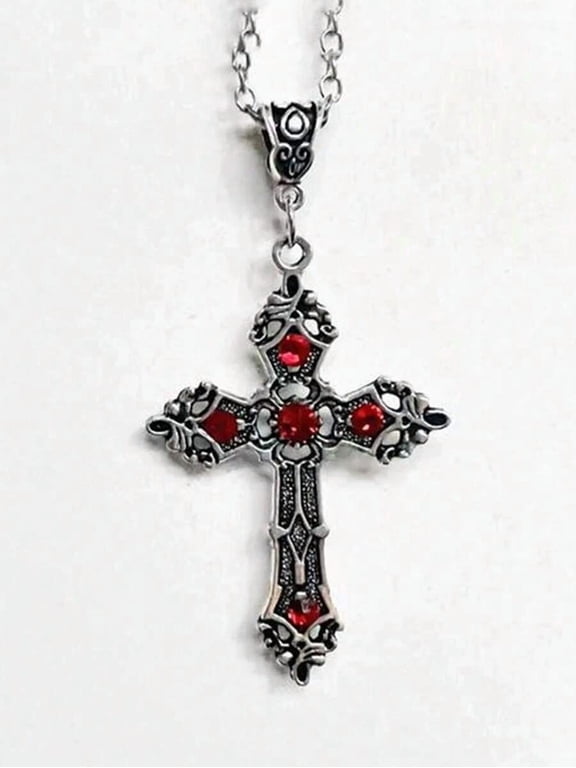 Red-A Gothic Filigree Cross Pendant Necklace In Silvertone Zinc Alloy