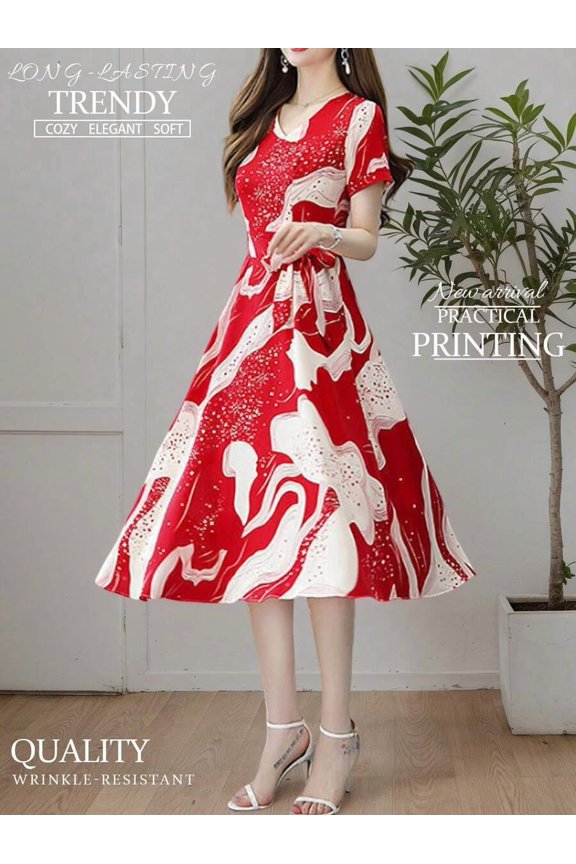 Red A-Line V-Neck Short Sleeve Print Dress Wrinkle-Resistant Elegant Midi