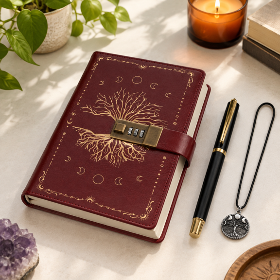 Red A5 Refillable Locked Journal with Tree of Life Cover, 224 Numbered Lined Pages