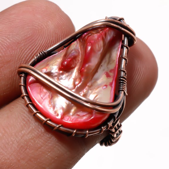 Red Abalone Shell Gemnstone Ring Handmade Wire Wrap Copper Jewelry 6.75" CR 315