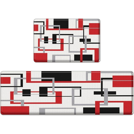 Red Abstract Anti-Fatigue Kitchen Rug Set of 2 Black Grey Geometric Cushioned Kitchen Floor Standing Mat Waterproof Non-Slip Kitchen Mats and Rugs PVC Ergonomic Comfort Foam Rug