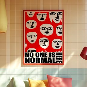 Red Abstract Face Art Print: Quirky Pop Surrealist Decor, Poster Only