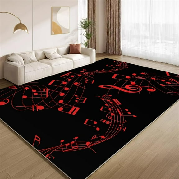 Red Abstract Fantasy Music Notes Area Rug Musical Note Sheet Vintage Simple Black Carpet Floor Mats Soft Low Pile Washable for Bedroom Livingroom Home Decor