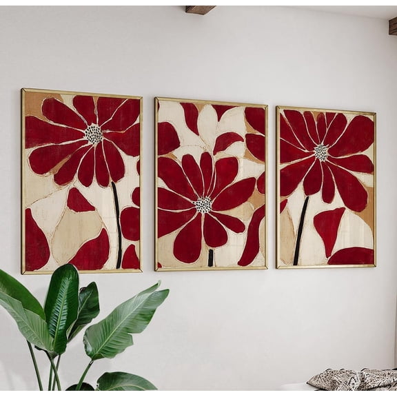 Red Abstract Floral Wall Art Modern Botanical Triptych Version 2 Set 3 Stretched Canvas 12x18