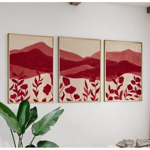 Red Abstract Landscape Modern Botanical Triptych Minimal Wall Art, Poster Only