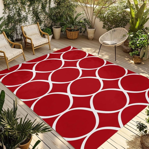 Red Abstract Outdoor Rug 4x6 Ft - Reversible Patio Rug Outdoor Camping Rugs, Modern White Geometric Twisted Art Washable Indoor Outdoor Area Rugs, Non-Slip Outdoor Carpet Runner for Deck/Porch