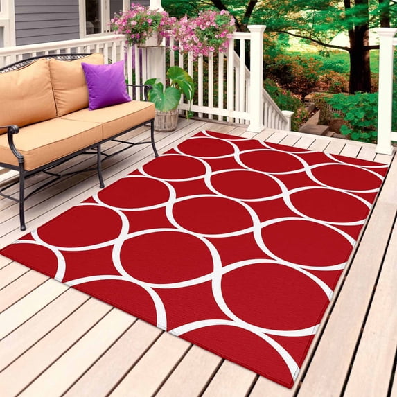 Red Abstract Outdoor Rug for Patio/Deck/Porch, Non-Slip Large Area Rug 3 x 5 Ft, Modern White Geometric Twisted Art Indoor Outdoor Rugs Washable Area Rugs, Reversible Camping Rug Carpet Runner