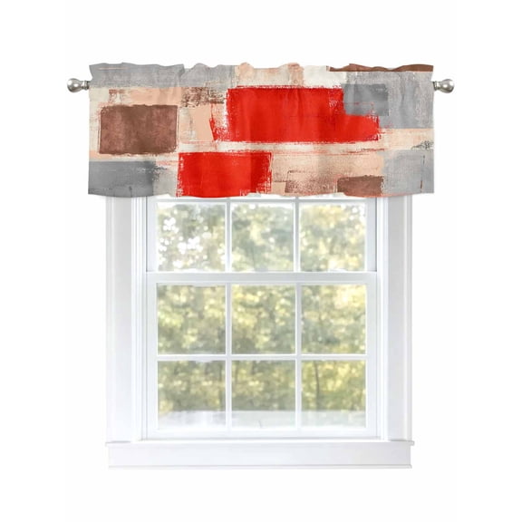 Red Abstract Paint Valances for Windows, Rod Pocket Kitchen Valance Curtains - Soft Small Window Treatment for Living Room, Brush Strokes Mottled Texture, 42x12 Inch