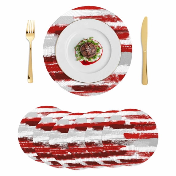 Red Abstract Round 13 Inch Placemats Set of 6, Grey Modern Mottled Art Oil Painting HeatResistant Non Slip Place Mats for Dining Table, Wipeable Braided Kitchen Table Mats for Housewarming