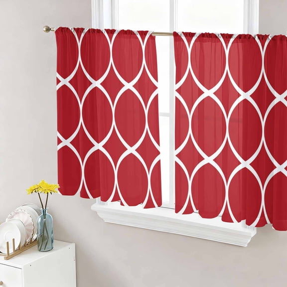 Red Abstract Semi Sheer Curtains 45 Inch Length 2 Panels Set, Modern White Geometric Twisted Art Sheer Kitchen Curtain Privacy Voile Window Curtain for Living Room Bedroom Rod Pocket Drapes