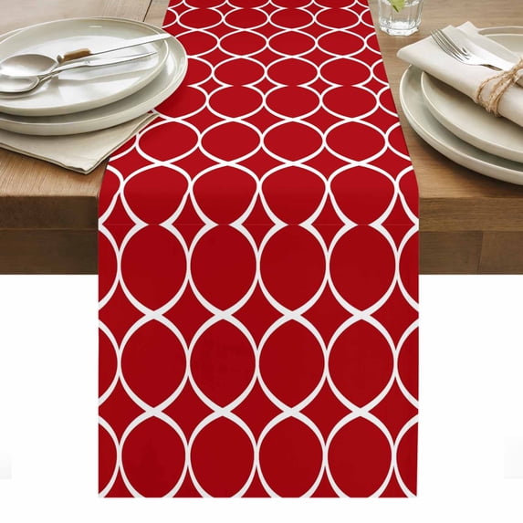 Red Abstract Table Runner - 60 Inch Long, Kitchen Dining Table Runner Dresser Scarves, Modern White Geometric Twisted Art Farmhouse Decor for Coffee Tables Wedding Party Banquet