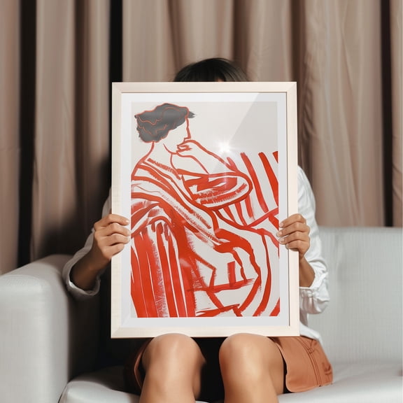 Red Abstract Woman Print Minimalist Line Art Home Decor Office Wall Art