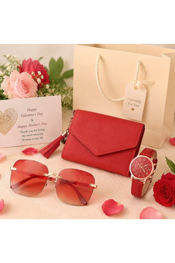 3 PCS Women Gift Set, Red Fashion Accessories Set with PU Leather Wallet, Stylish Wrist Watch and Eyewear, Elegant Gift Box Set for Birthday Mothers Day Valentines Day