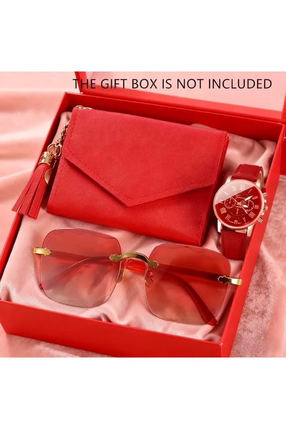 3 PCS Women Gift Set, Red Fashion Accessories Set with PU Leather Wallet, Stylish Wrist Watch and Eyewear, Elegant Gift Box Set for Birthday Mothers Day Valentines Day