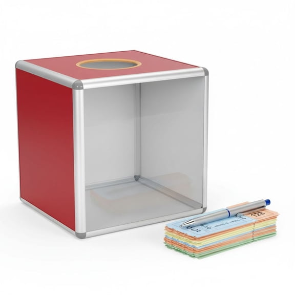 Red Acrylic Raffle Box, 7.9 in Donation Box, Square Voting Container with See-Through Side, Sturdy Metal Frame, Includes Poster, Tabletop Lucky Box for Party, Events, Fundraisers