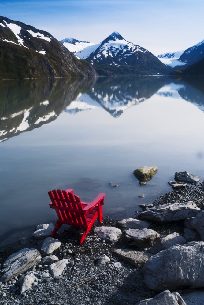 Red Adirondack Chair At Portage Lake With Chugach Mountains In The Background Southcentral Alaska Canvas Art - Randy Brandon Design Pics (22 x 34)