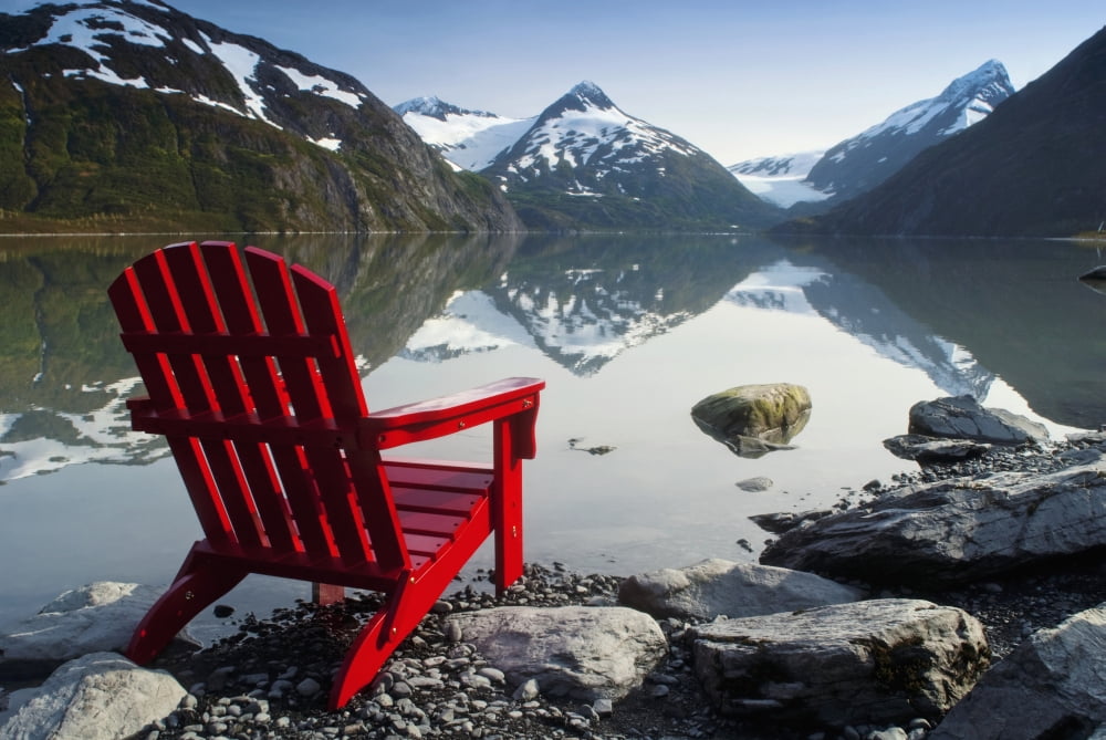 Red Adirondack Chair At Portage Lake With Chugach Mountains In The Background Southcentral Alaska Canvas Art - Randy Brandon Design Pics (38 x 24)