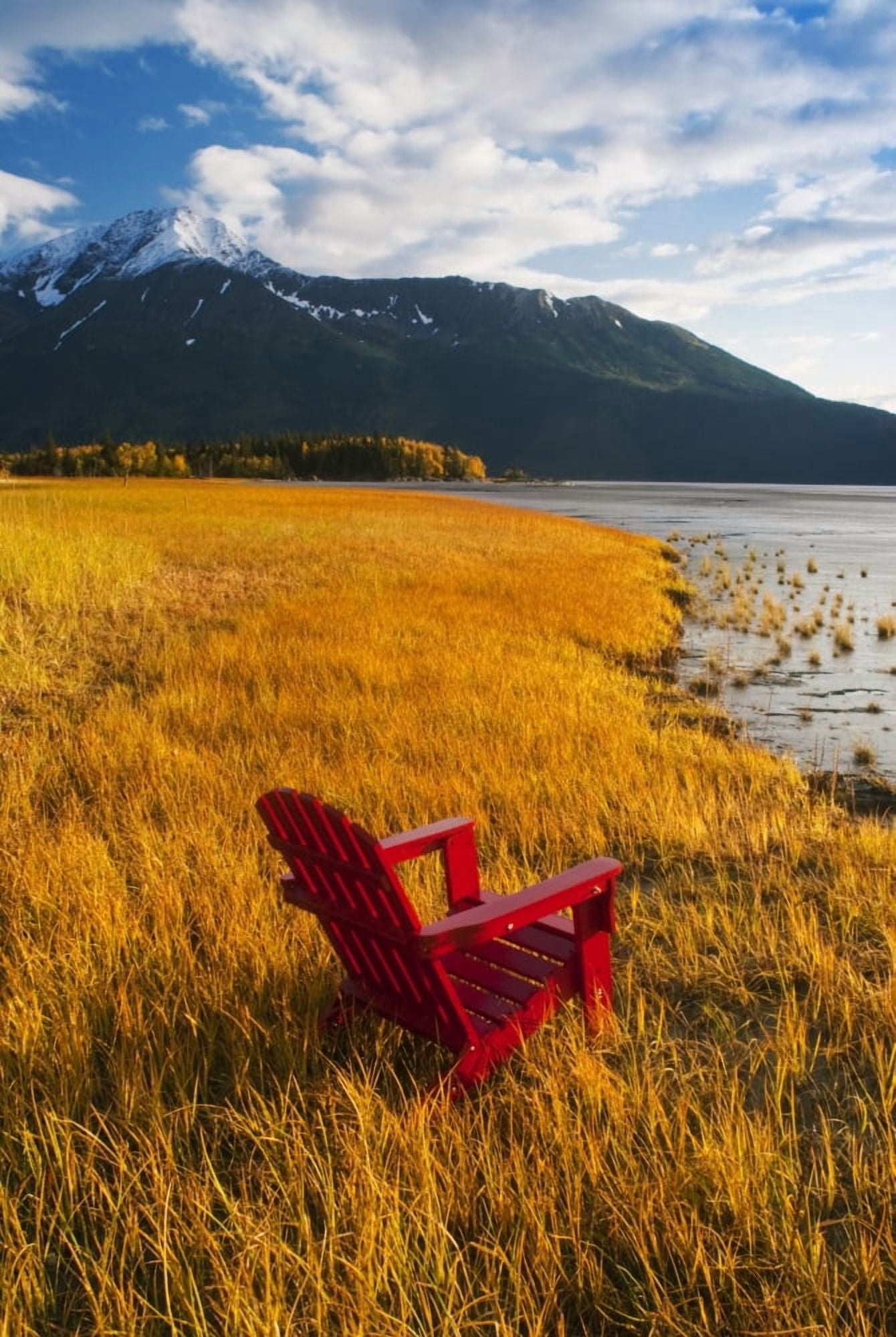 Red Adirondack Chair With Chugach Mountains In The Background Along Turnagain Arm In The Fall Southcentral Alaska Canvas Art - Randy Brandon Design Pics (22 x 34)