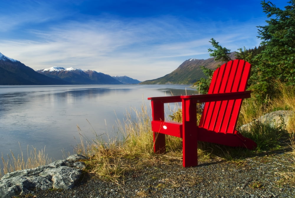 Red Adirondack Chair Turnagain Arm Southcentral Alaska Canvas Art - Randy Brandon Design Pics (34 x 22)