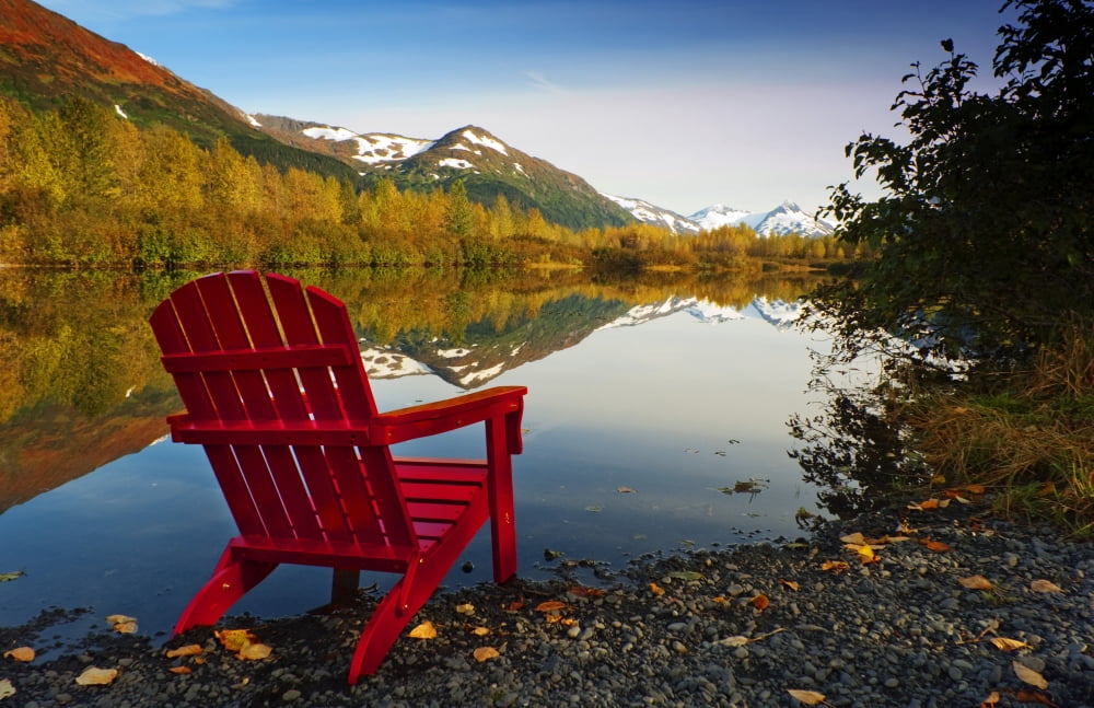 Red Adirondak Chair Along Lakeshore Alaska Canvas Art - Randy Brandon Design Pics (34 x 22)