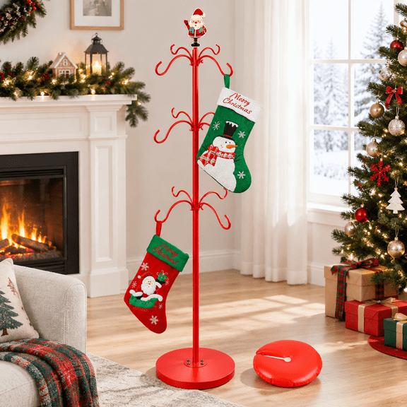 Red Adjustable Christmas Stocking Holder Stand with 12 Hooks for Floor