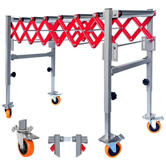 Red Adjustable Conveyor Roller Table with 600 LBS Load Capacity, 8 Rollers, 4 Casters & Modular Splicing, Conveyor Belt with Roller Size 15.7x1.5" for Docks, Production Lines