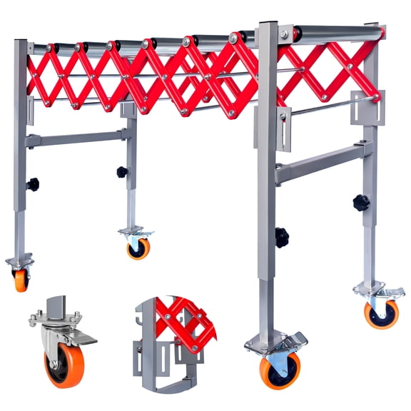Red Adjustable Conveyor Roller Table with 8 Rollers, 4 Swivel Casters, Built-In Hooks, Height Range 27.5~43", Conveyor Belt with 600 LBS Load Capacity for Factories, Airports
