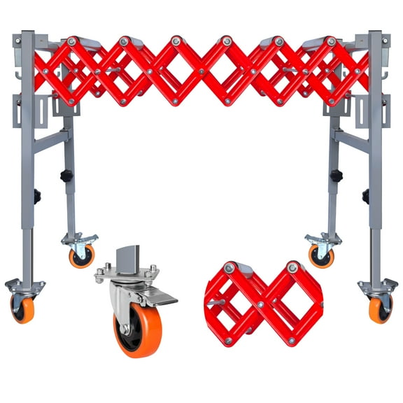 Red Adjustable Conveyor Roller Table with 8 Rollers, 4 Swivel Casters, Length Range 13.7~47" & Modular Splicing, Conveyor Belt with 600 LBS Load Capacity for Factories, Docks