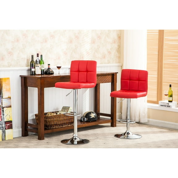 Red Adjustable Hydraulic Bar Stools ( Of 2) - Faux Leather Seating With 360 Degree Swivel And Chromed Base Stools, 2, Comfortable Seat