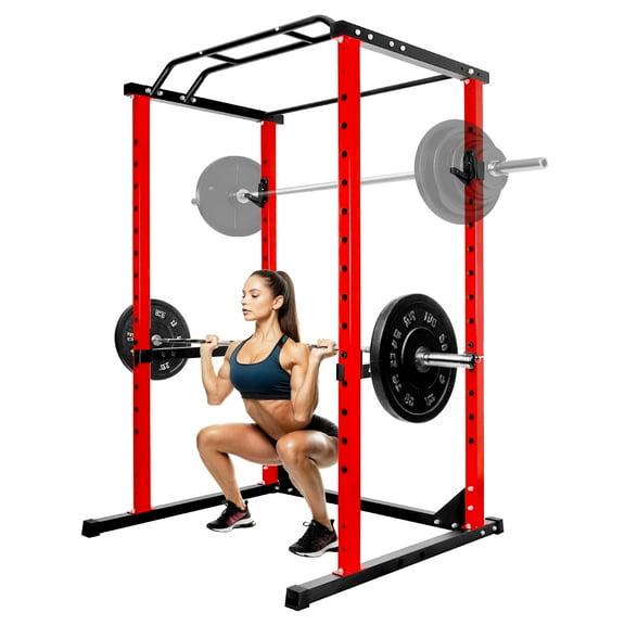 Red Adjustable Power Cage, 1200 LBS Capacity Multi-Functional Squat Rack with 14 Holes, Anti-Slip Base and Training Attachments for Home Gym