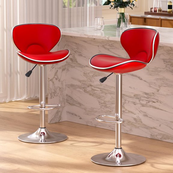 Red Adjustable Swivel Bar Stools Set Of 2, PU Leather Counter Height